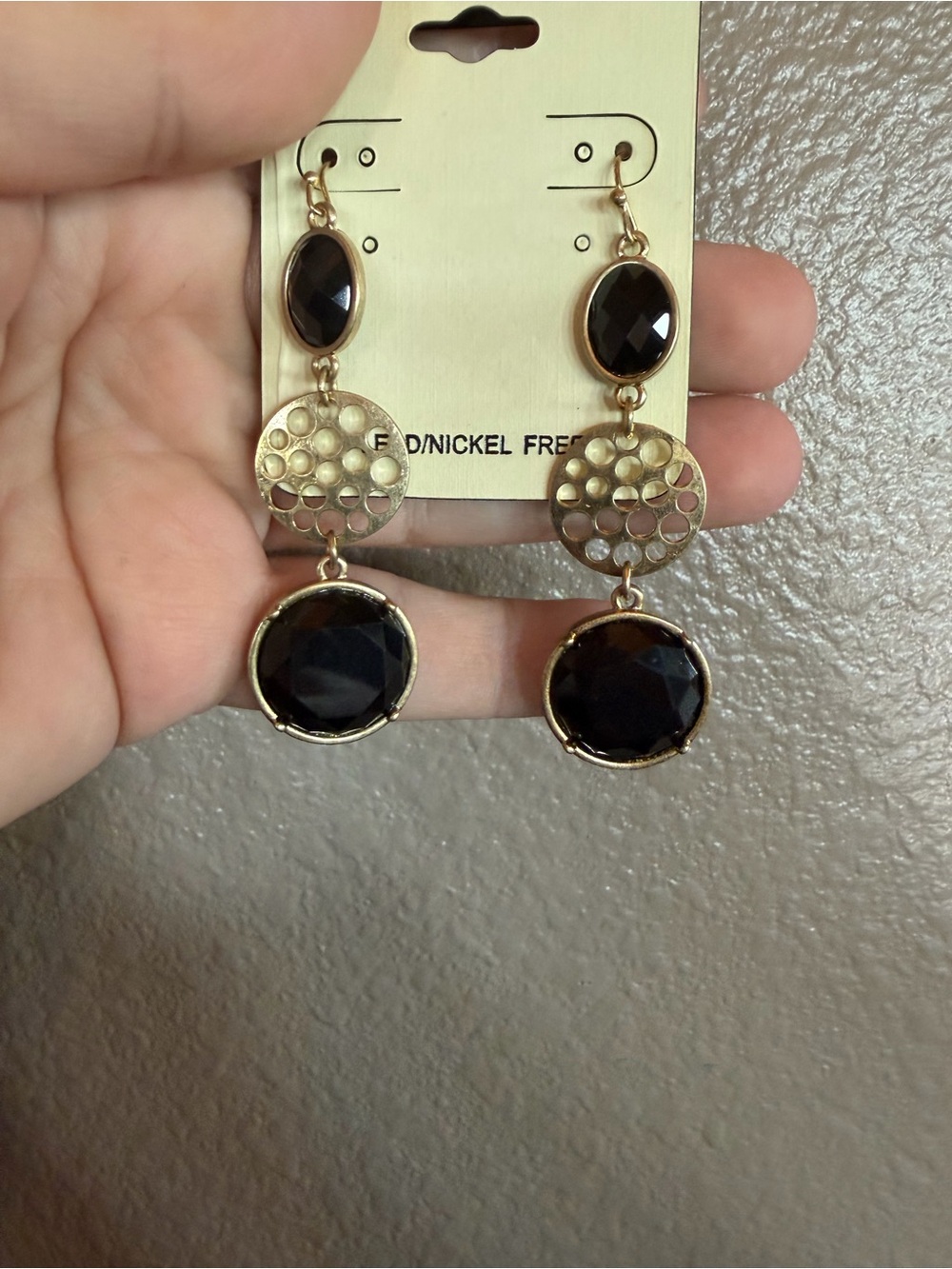 Gold-Tone Drop Earrings with Black Faceted Stones